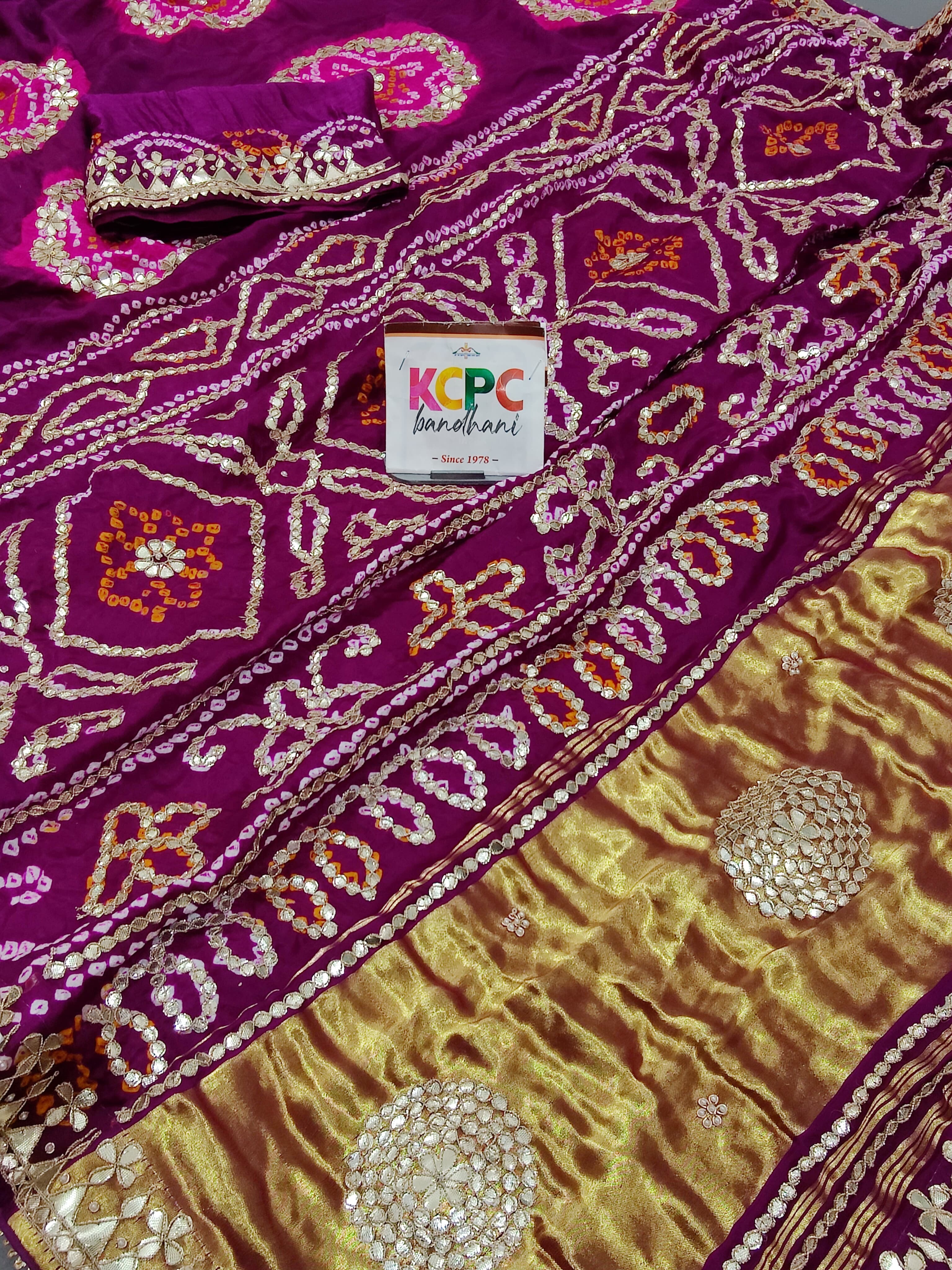  Gaji Silk Handmade Bandhej Gotapatti Laddu Bandhej Saree