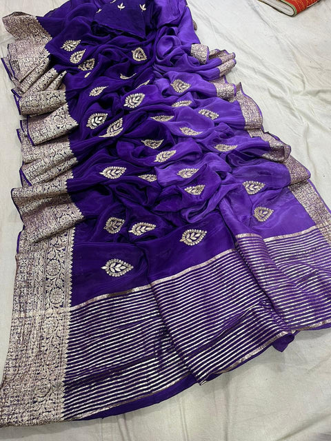 KcPc New Purple Pure H O Silk Jaipuri Gotapatti Mirror Work Saree  RG