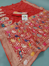 A red and gold Jaipuri Bandhej Weaving saree 