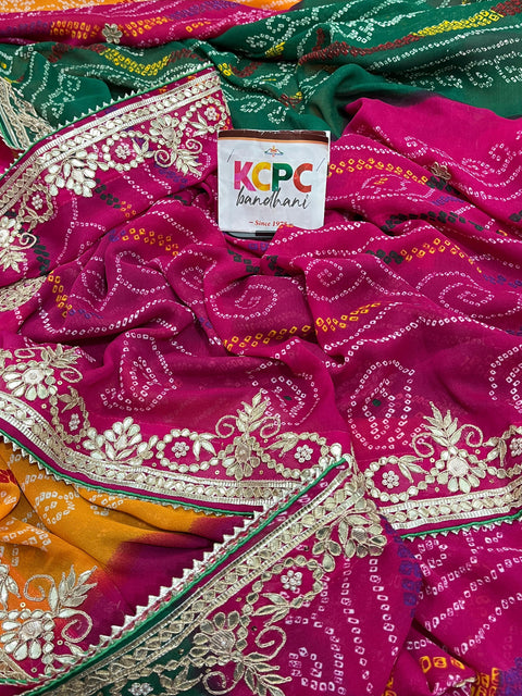 KcPc Ethnic Wear Nauranga Bandhej Jaipuri Chunri with Gotapatti Handwork Saree  AMT