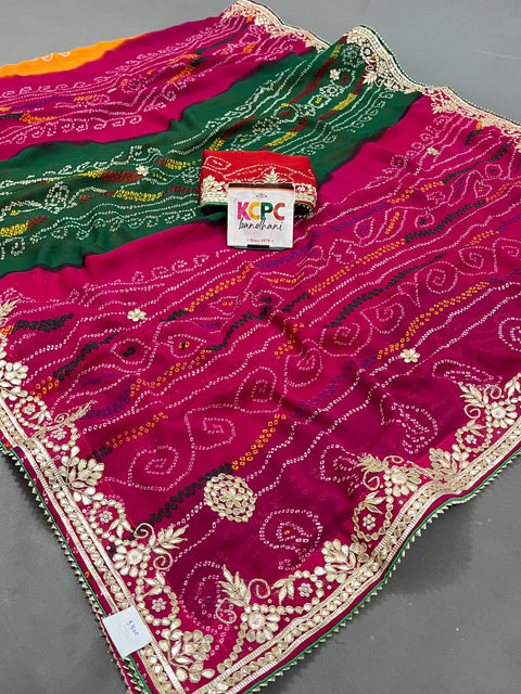 KcPc Ethnic Wear Nauranga Bandhej Jaipuri Chunri with Gotapatti Handwork Saree  AMT