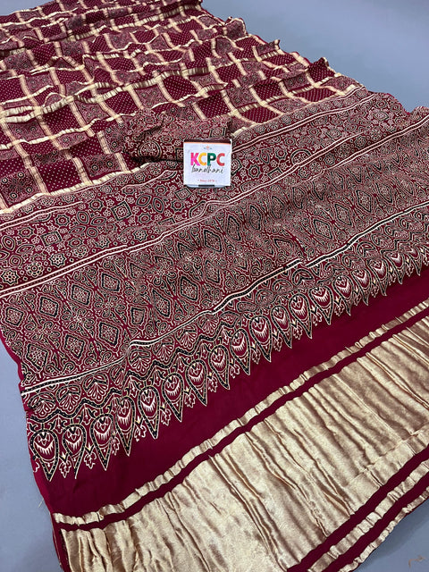 KcPc Pure Gaji Modal Silk Ajrakh Print Ghatchola Saree  AAD