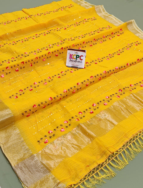 KcPc Kota Doria Kashida Work Gotapatti Style Bikaneri Saree SNA Yellow