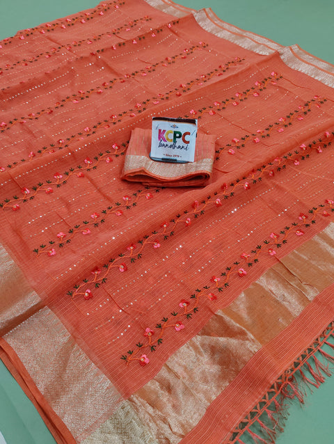 KcPc Bikaneri Kota Doria Kashida Work Gotapatti Style Saree SNA Orange