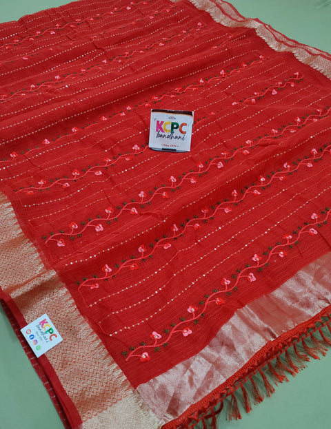 KcPc Kota Doria Kashida Work Gotapatti Style Bikaneri Saree SNA Red