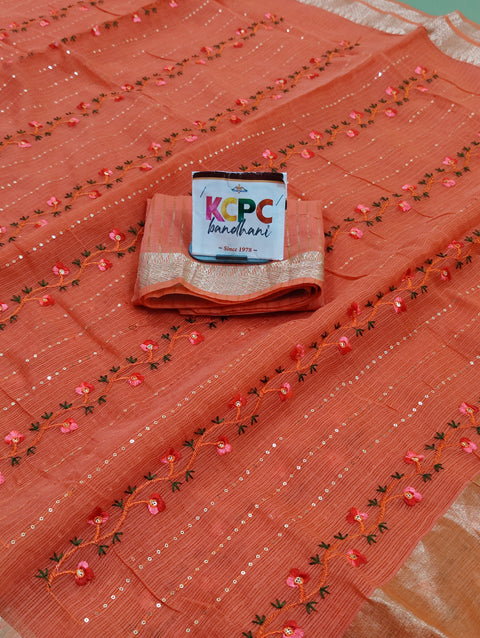 KcPc Bikaneri Kota Doria Kashida Work Gotapatti Style Saree SNA Orange