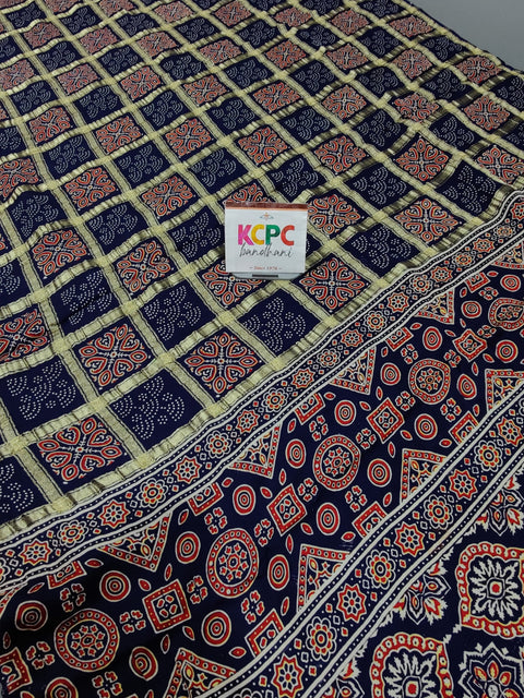 KcPc Pure Gaji Modal Silk Ajrakh Print Ghatchola crafted by kutch bhuj karigars saree  ADD