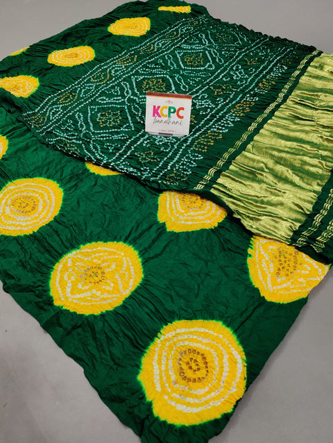 KcPc Latest Designer Pure Gaji Silk Bandhani Sarees with Lakdi Patta Zari Pallu Green