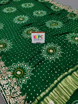 KcPc Beautiful Pure Gaji Silk Bandhani Ghatchola Gotapatti Saree AMT Green