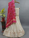 A traditional Indian lehenga with a dupatta, a pink and beige color 