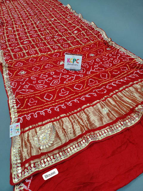KcPc Pure Gaji Silk Bandhani Ghatchola Gotapatti Work Saree  AMT Red