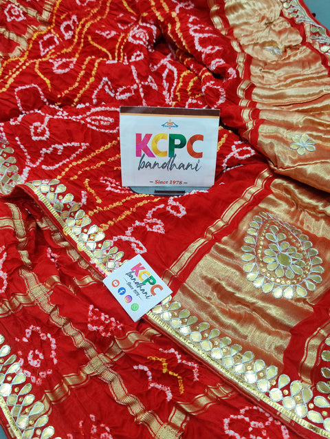 KcPc Pure Gaji Silk Bandhani Ghatchola Gotapatti Work Saree  AMT Red