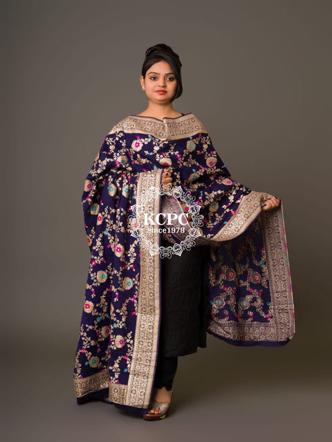 KcPc New Designer Neemzari Banarasi Handloom Pure Chinon Dupattas Navy Blue