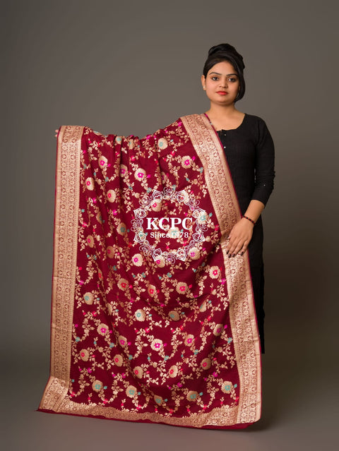 KcPc New Designer Neemzari Banarasi Handloom Pure Chinon Dupattas Mehroon