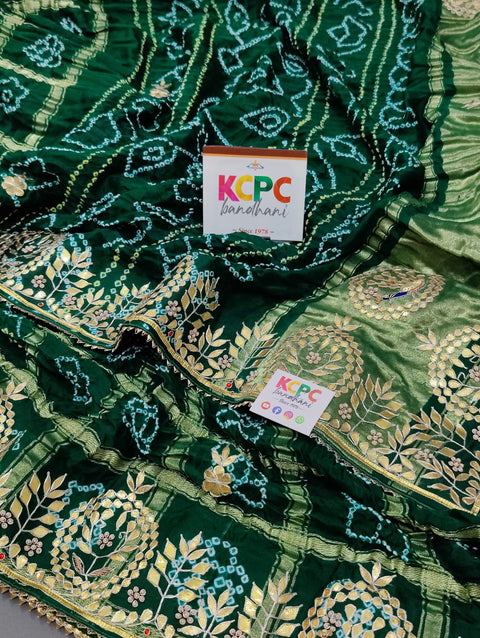 KcPc Pure Gaji Silk Bandhani Ghatchola Gotapatti Saree  AMT Green