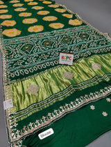 KcPc New Pure Gaji Silk Handmade Bandhej Gotapatti Laddu Bandhej Saree AMT Green