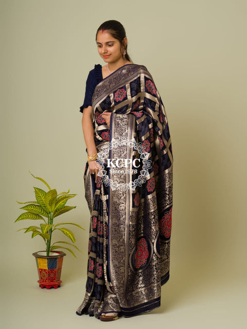 KcPc Pure Gaji Silk Ajrakh Bandhani Figure Zari Weaving Saree  Navy Blue