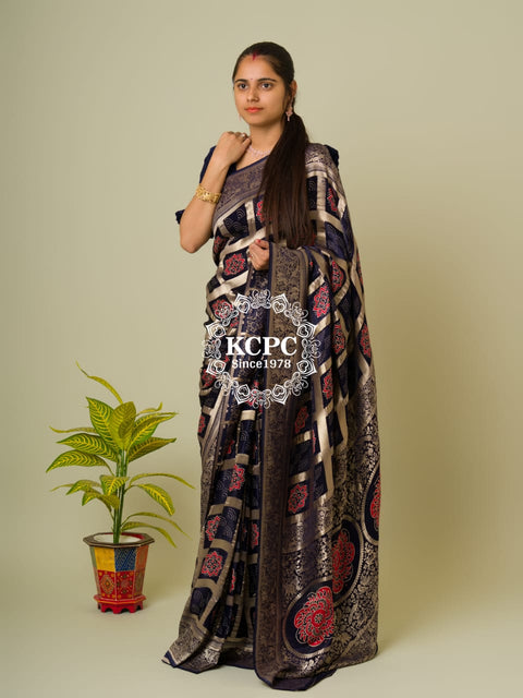 KcPc Pure Gaji Silk Ajrakh Bandhani Figure Zari Weaving Saree  Navy Blue