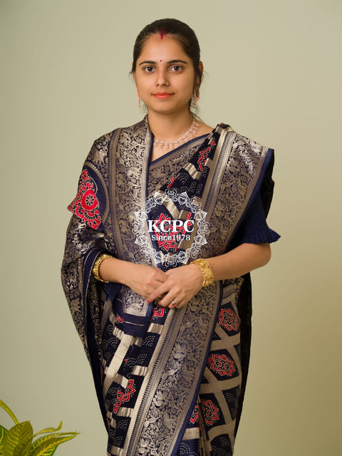 KcPc Pure Gaji Silk Ajrakh Bandhani Figure Zari Weaving Saree  Navy Blue