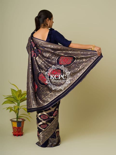 KcPc Pure Gaji Silk Ajrakh Bandhani Figure Zari Weaving Saree  Navy Blue