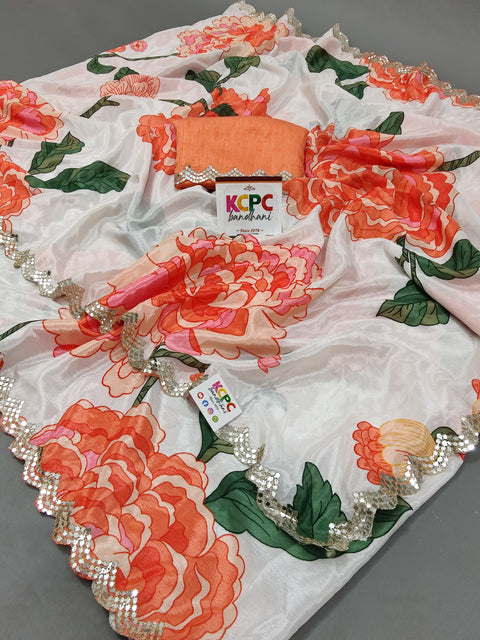 KcPc Special Chinon Crape Floral Print Gotapatti Cutwork Border Sarees AMT  Off White