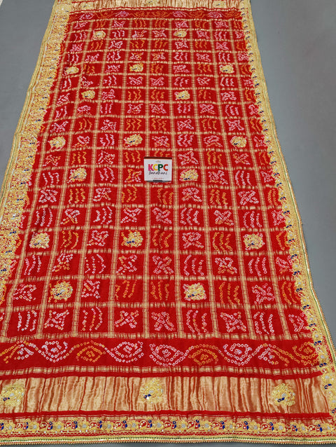 KcPc Pure Gaji Silk Bandhani Jardozi Work Ghatchola Chunri Pila Odhna in Aara Tari Handwork Chunri (Red)