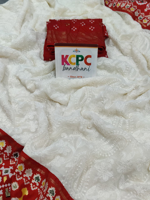 KcPc Pure Georgette Chikankari Work Patola Handprint Saree With Blouse