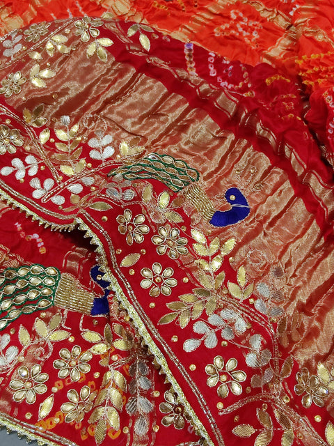 KcPc Pure Gaji Silk Handmade Bandhej Gotapatti Work Marwadi Pila Jaipuri Dupatta