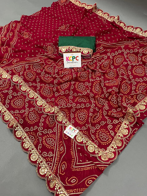 KcPc Pure Georgette Marwadi Chunri Bandhej Gotapatti Work Saree Margenta