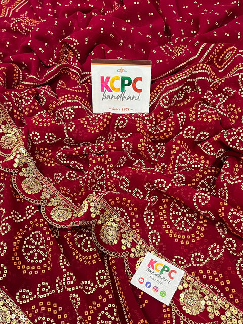 KcPc Pure Georgette Marwadi Chunri Bandhej Gotapatti Work Saree Margenta