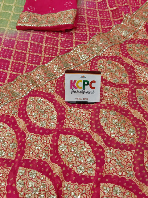 KcPc Designer Pure Khaddi Georgette Neemzari Bandhej Gotapatti Zaridoji work Saree Amt Pista Pink