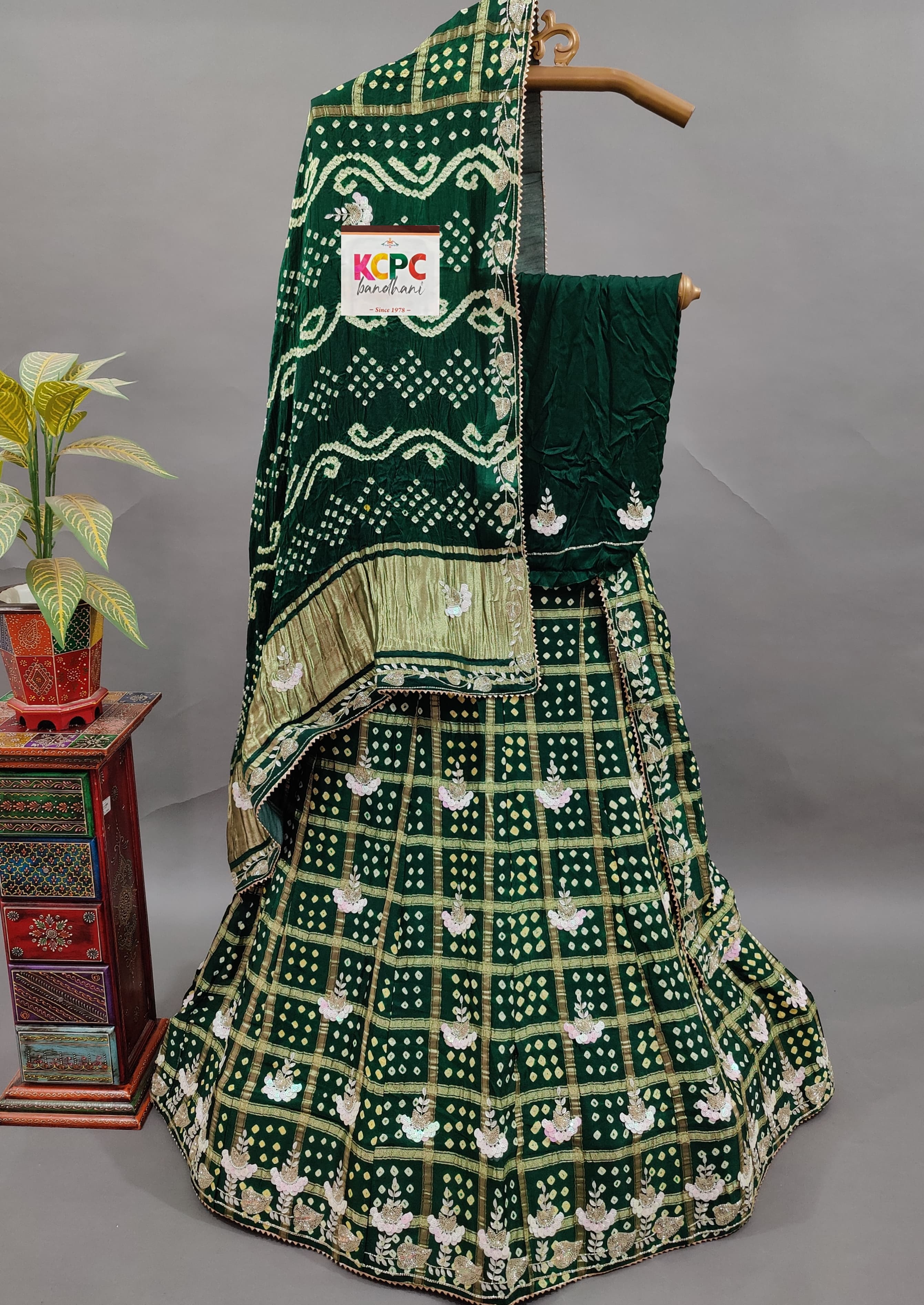 KcPc Trending Jaipuri Pure Gaji Silk Bandhani Ghatchola Gotapatti Handwork Lehenga setBTU Green