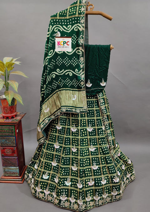 KcPc Trending Jaipuri Pure Gaji Silk Bandhani Ghatchola Gotapatti Handwork Lehenga set  BTU Green