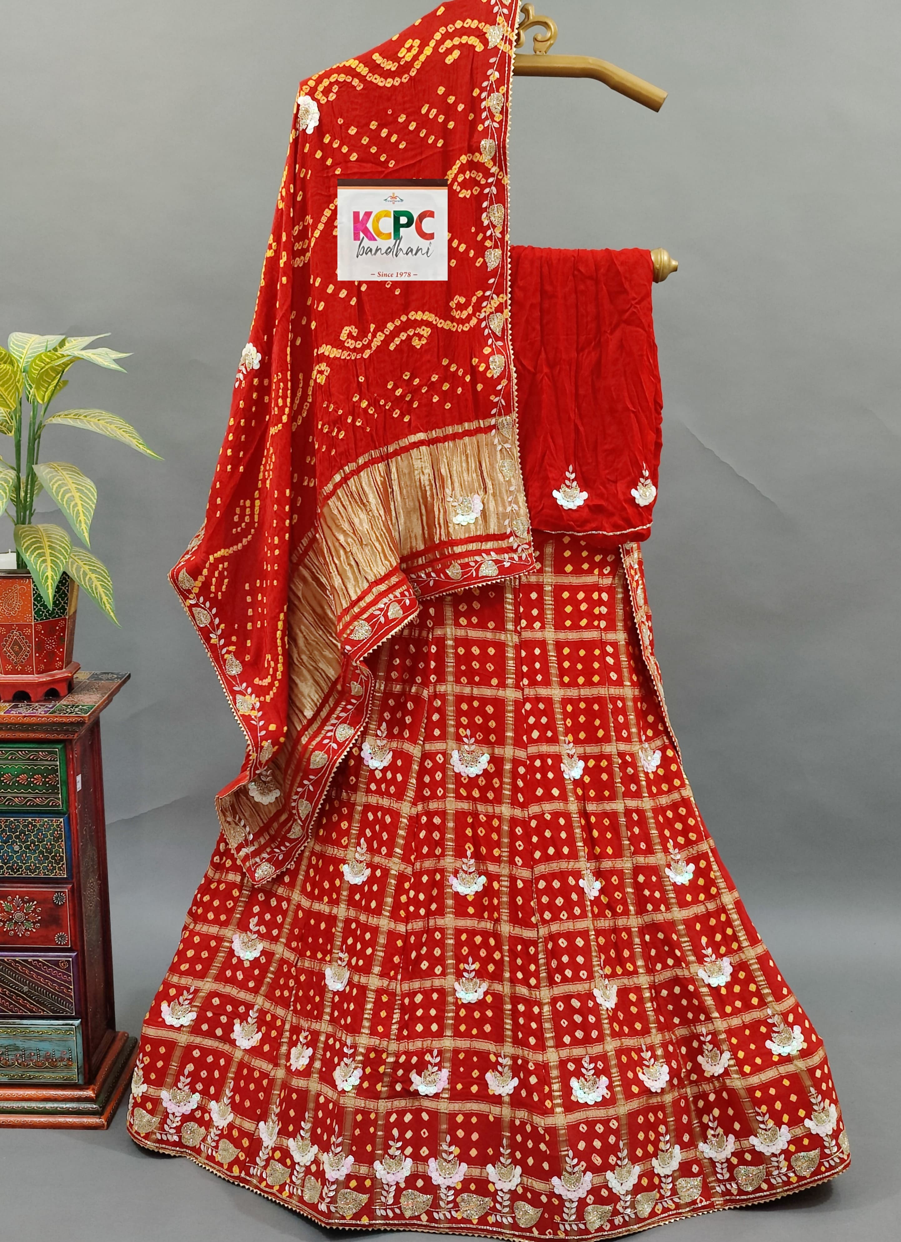 KcPc Trending Jaipuri Pure Gaji Silk Bandhani Ghatchola Gotapatti Handwork Lehenga set BTU Red