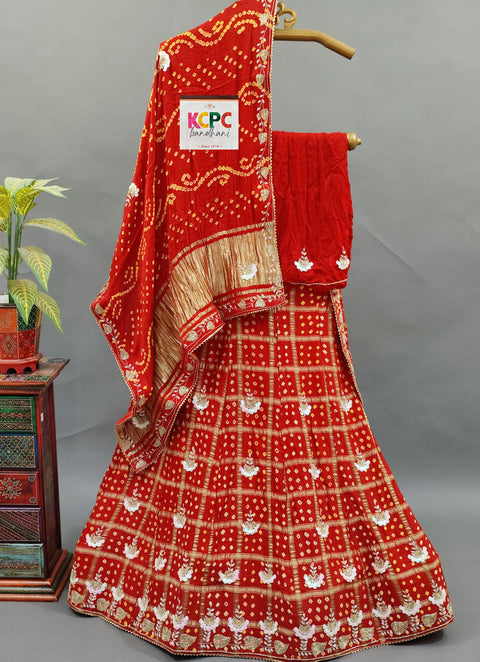 KcPc Trending Jaipuri Pure Gaji Silk Bandhani Ghatchola Gotapatti Handwork Lehenga set BTU Red