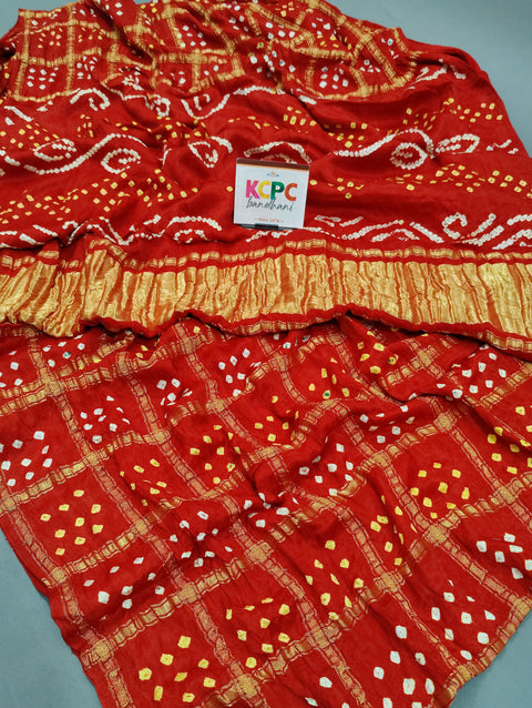 KcPc New  Pure Gaji Silk Bandhani Ghatchola with Lagdi Patta Pallu Saree NR Red