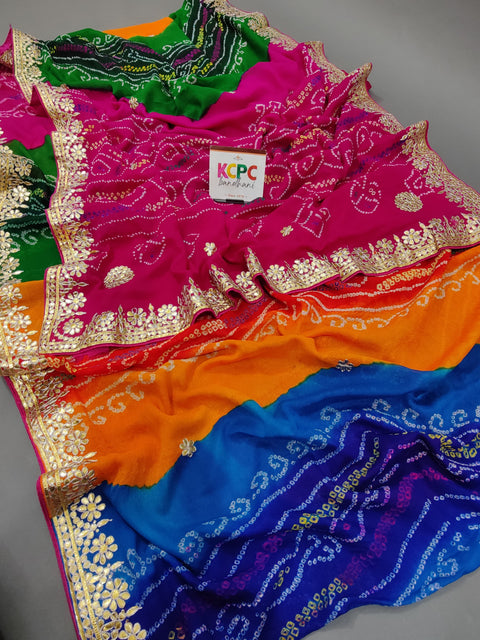 KcPc Latest Pachrangi Pure ojariya chinon bandhej Gotapatti Saree RG