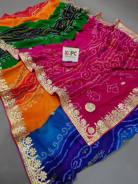 KcPc Latest Pachrangi Pure ojariya chinon bandhej Gotapatti Saree RG