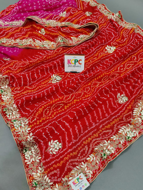 KcPc Launched Pure Crepe Georgette Bandhej With Gotapatti Sequence Saree AMT Rani Red