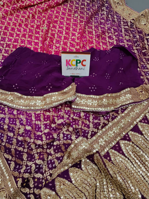 KcPc Designer Pure Khaddi Georgette Neemzari Bandhej Gotapatti Zaridoji work Saree Pink Purple