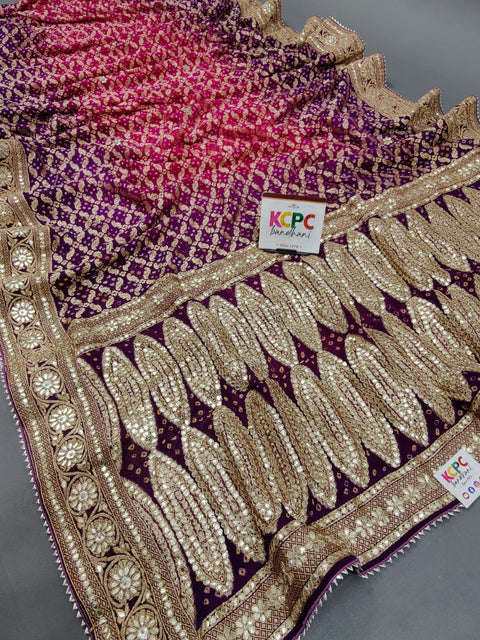 KcPc Designer Pure Khaddi Georgette Neemzari Bandhej Gotapatti Zaridoji work Saree Pink Purple