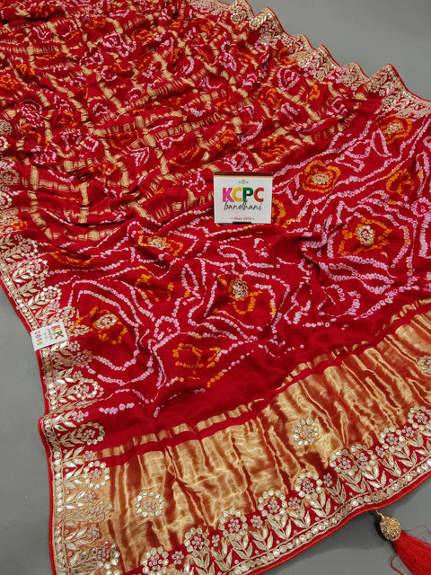 KcPc Latest New Pure Gaji Silk Bandhani Gota Patti Work Saree   AMT