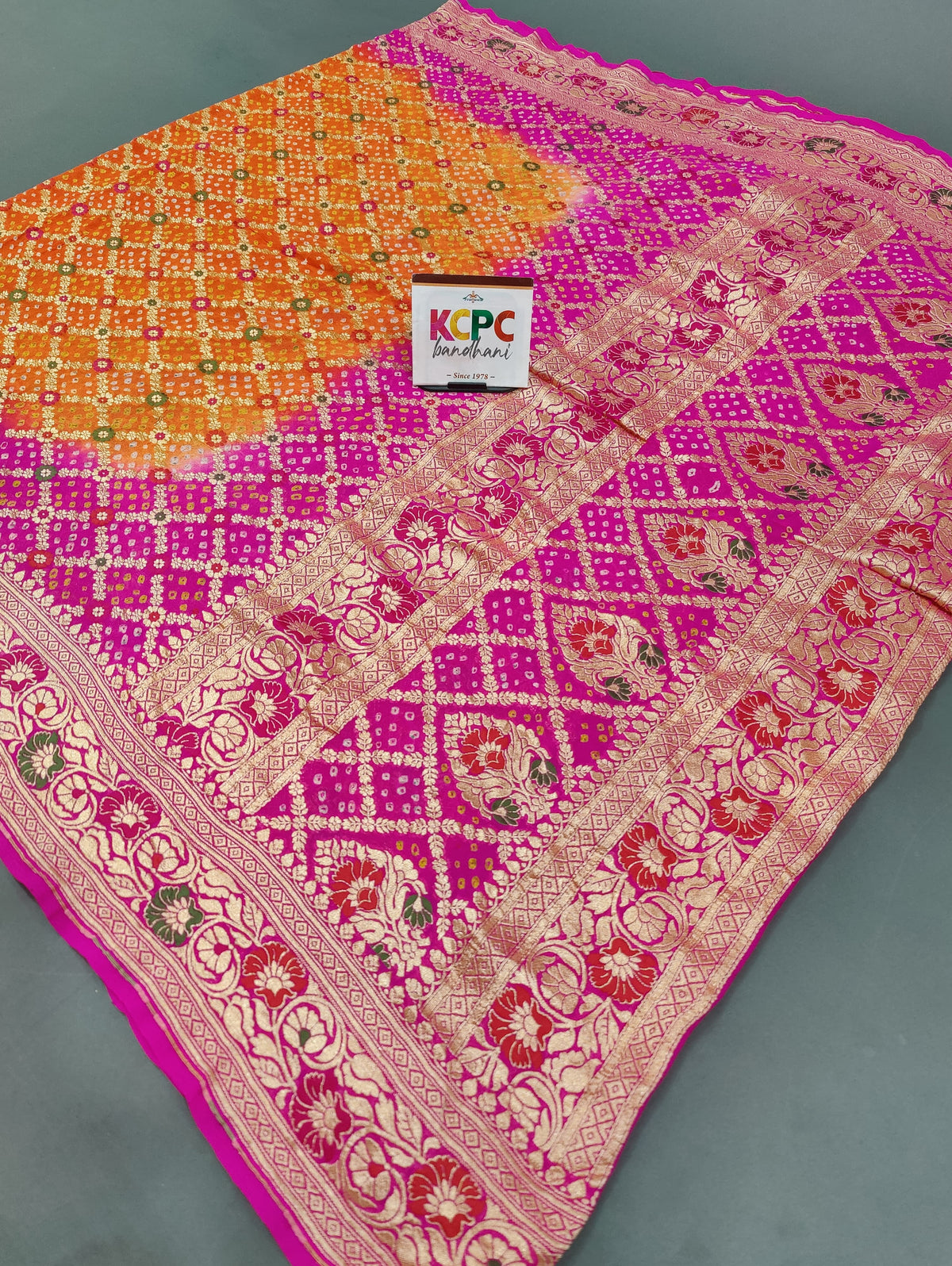 KcPc New Pure Khaddi Georgette Meenakari Neemzari Bandhej DupattaOrange Rani