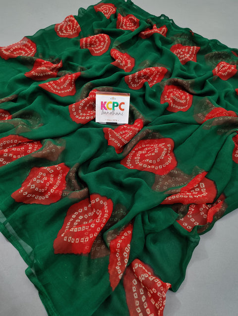 KcPc Summer Special Rajasthani Royal Georgette Bandhani Sarees Bottle Green