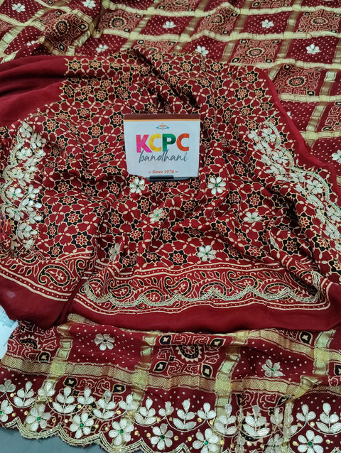 KcPc Pure Modal Gaji Silk Bandhani Ajrakh Handblock with Gotapatti Handwork Saree AMT