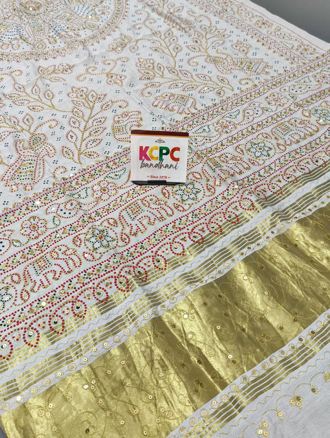 KcPc Latest New Rajasthani Traditional Aara Tari Dupatta JTW White