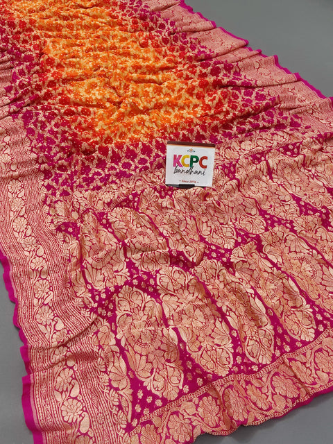 KcPc New Launch Pure Khaddi Georgette Upada Neemzari Bandhej Saree  Orange Pink