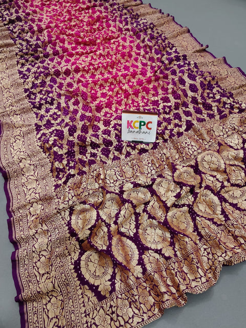KcPc New Launch Pure Khaddi Georgette Upada Neemzari Bandhej Saree  Pink Purple D1