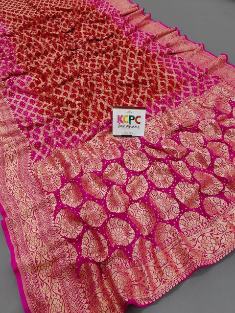 KcPc New Launch Pure Khaddi Georgette Upada Neemzari Bandhej Saree  Red Rani