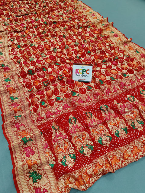 KcPc Figure Design Khaddi Georgette Upada Janglaw Bandhani Neemzari Saree  Red